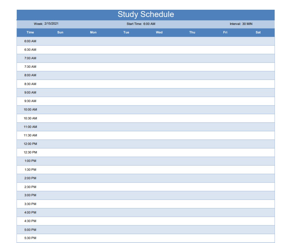 Hourly Study Schedule Template